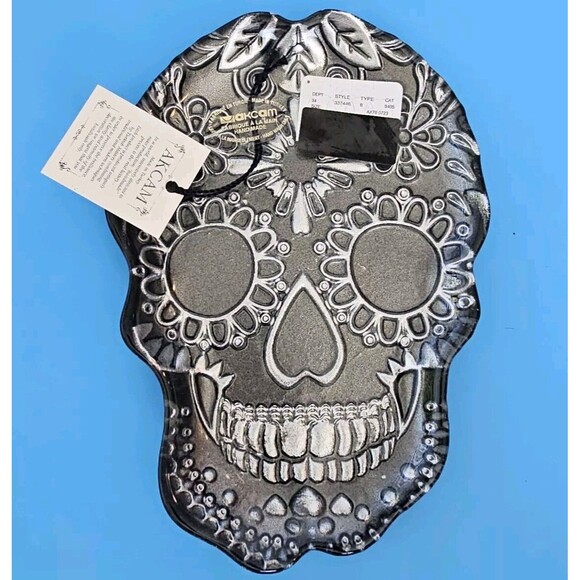 AKCAM Sugar Skull Black Silver 8”x6” Serving Dish Platter Goth Halloween Gothic - Picture 2 of 10